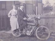 August Emanuel Carlson and Sigrid Nordina Carlson, depicted on a ca. 1911 Flying Merkel.  Both born and raised in Sweden and immigrated in their 20s. The photo was taken in Riverside, California. The date is not known precisely. Since August and Sigrid Maried late, the date could be around 1920. By courtesy of  Lynda. J. Allen, from Graham, WA, Great Granddaughter of August and Sigrid.